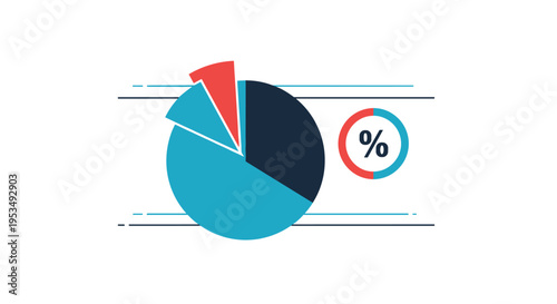 Statistical data visualization featuring a pie chart with various colored segments and a separate percentage icon circle.
