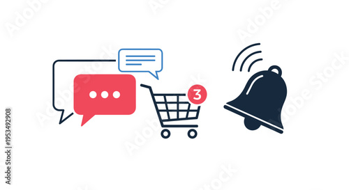 Customer support and sales notifications featuring chat bubbles, a loaded shopping cart, and a ringing alert bell icon.