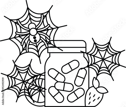 Spider webs surround a jar of pills