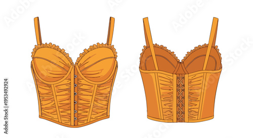 An intricate vector illustration showcasing a contemporary orange-brown fashion corset top, presenting both its elegant front with buttoned closure