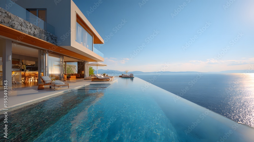 Fototapeta premium Luxury Modern Villa with Infinity Pool Overlooking the Ocean.