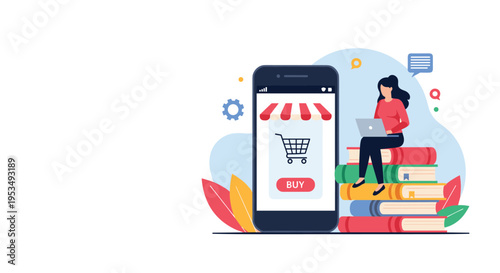 Woman studying and shopping online while sitting on a pile of books using a laptop and a mobile phone store app.