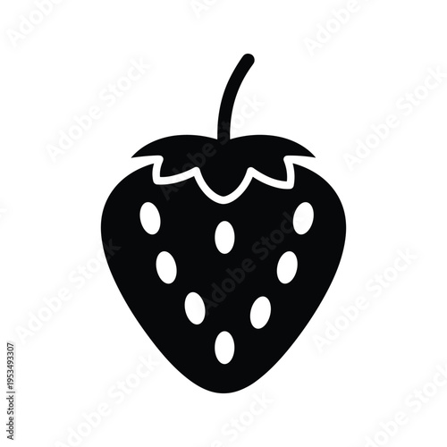Black and White Strawberry Icon with Seeds - Simple Fruit Vector
