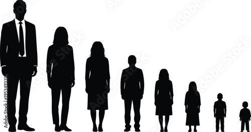 Business and family age progression silhouettes, life stages concept, corporate adult to child sequence, growth development, minimal black white vector