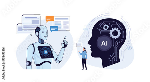 Artificial intelligence concept showing a robot discussing data and a human silhouette with an integrated AI brain.