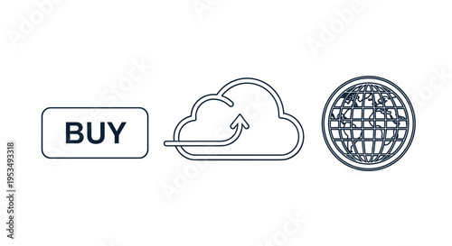 Global ecommerce purchase process including a buy button, data upload to the cloud, and a world globe network icon.