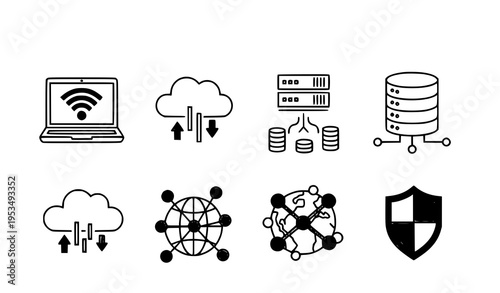 Minimalist web and cloud service line icons for IT, data, and digital illustration