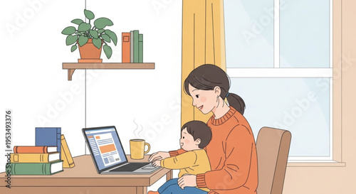 A mother and child learning and working together on a laptop at a desk, representing remote work and family bonding