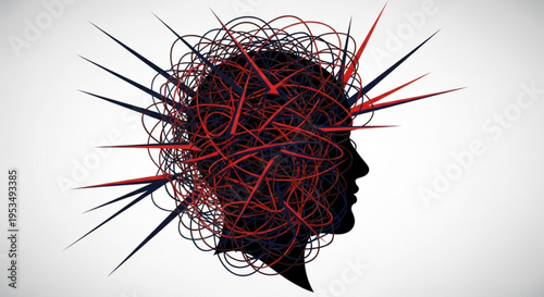 Anxiety and stress depicted by a chaotic silhouette of a human head with sharp lines emanating outwards