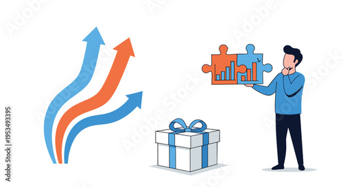 Business growth strategy featuring rising arrows, a gift reward, and a professional person assembling data puzzle pieces.
