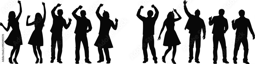Fototapeta premium Dancing crowd silhouettes set, party celebration people, music festival energy, joyful movement, nightlife entertainment, minimal black white vector illustration