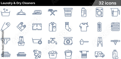 32 Laundry and Dry Cleaners Icons Minimalist Blue Line Art for Clothing Care, Garment Maintenance, and Laundry Service Logistics