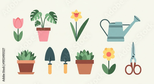 Gardening tools and potted plants illustration, spring gardening icons for decoration