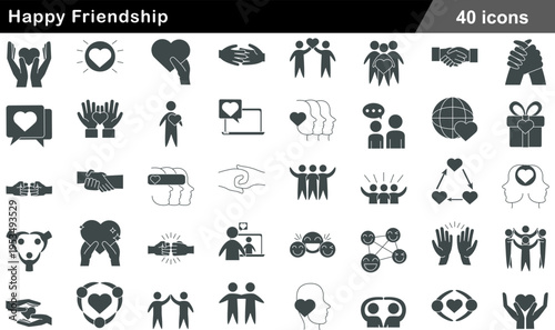 40 Happy Friendship Icons Solid Glyph Set for Human Connection, Social Bonds, Empathy, and Community Support