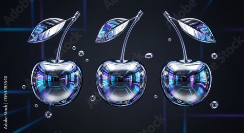 Metallic Futuristic Fruit
Cherries with chrome-like reflective coating, futuristic lighting, dark gradient background, sci-fi aesthetic, high gloss finish, experimental product photography