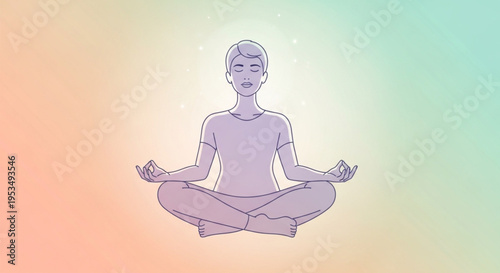 serene individual meditating in lotus pose with glowing aura and soft pastel background symbolizing peace and mindfulness