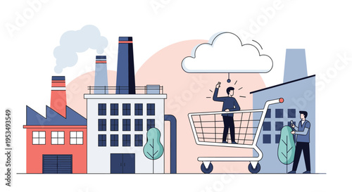 Industrial commerce and cloud logistics showing factories and people interacting with a large shopping cart under a cloud.