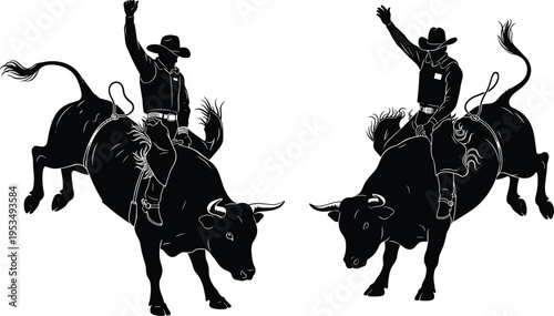 cowboy, rodeo, bull, riding, silhouettes, western, ranch, sport, action, wild, animal, black, vector, illustration, isolated, cowboyhat, adrenaline, danger, movement, collection