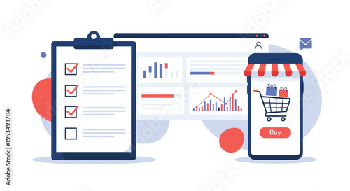 Comprehensive business management featuring a task checklist, data analysis charts, and a mobile ecommerce app store.