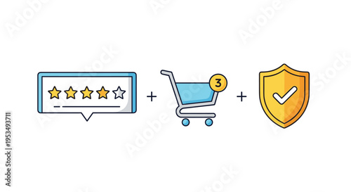 Trustworthy ecommerce shopping experience showing high ratings, a loaded shopping cart, and a security shield icon.