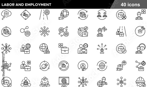 40 Labor and Employment Icons Minimalist Line Art for Workforce Management, Global Recruitment, and Industrial Labor