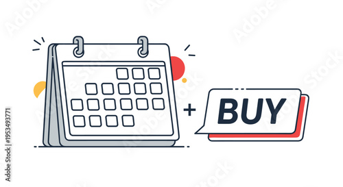 Desktop calendar placed next to a prominent buy button representing scheduled purchases and e-commerce planning events.