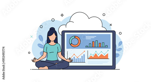 Businesswoman practicing yoga meditation in front of a laptop screen displaying various financial data charts and clouds.