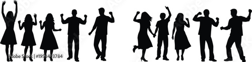 Happy dancing people silhouettes set, party celebration crowd, music fun movement, social gathering, nightlife energy, minimal black white vector illustration