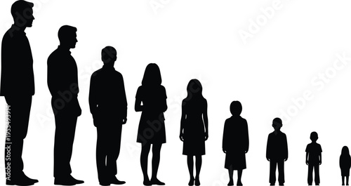Human growth stages silhouettes set, age progression concept, life cycle development, male female figures, family evolution, minimal black white vector illustration