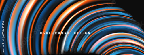 Abstract flowing lines create dynamic visual effect. Blue, orange hues dominate dark background. Modern design element.
