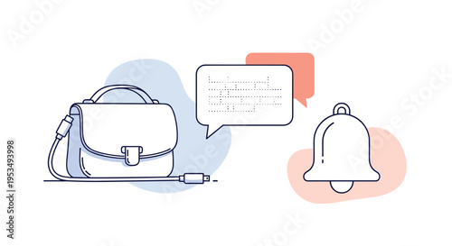 Designer handbag with a charging cable connected next to chat speech bubbles and a notification bell icon for smart tech.