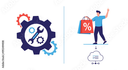 Industrial gear with a wrench icon paired with a man carrying shopping bags and a cloud server data processing illustration.