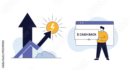 Business growth arrows and a sun icon with a lightning bolt next to a man holding a cash back sign in front of a web page.