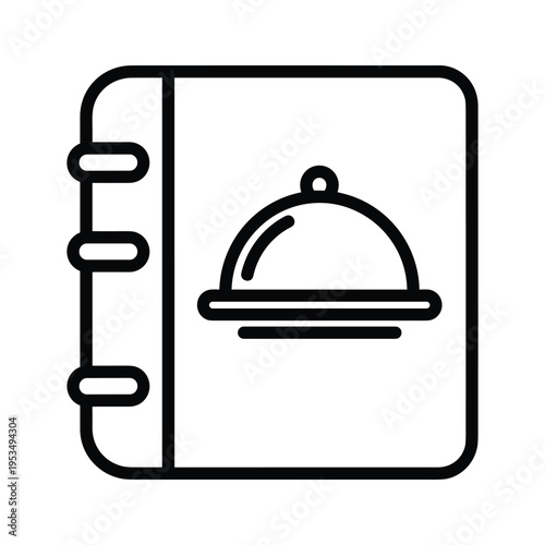 Cookbook icon: Recipe book with food cloche, line art, isolated on white