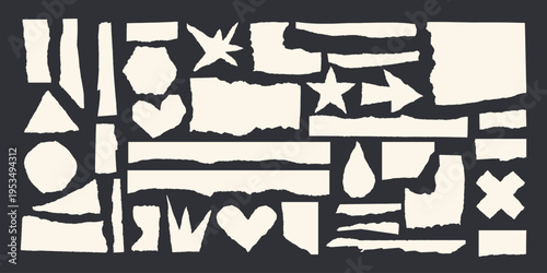 Jagged edge torn paper piece collage grunge cut out shapes vector illustration set. Collection of abstract frame-shaped text box templates made from ripped paper.