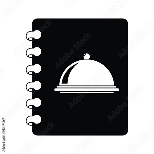 Black notebook with food cloche icon, representing a recipe or menu book