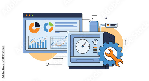 Industrial machine monitoring system showing an interface with data charts and a gear with a wrench for technical maintenance.