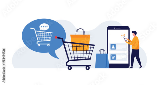 Mobile commerce concept featuring a man using a smartphone next to large shopping bags and a cart inside a speech bubble.