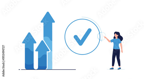 Successful businesswoman pointing at a large checkmark icon next to rising blue growth arrows for corporate performance.