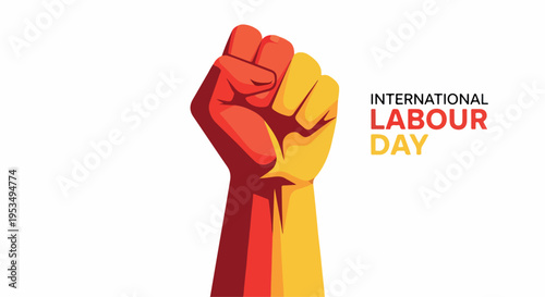 Graphic illustration of a raised fist with International Labour Day text in bold colors against a clean background.