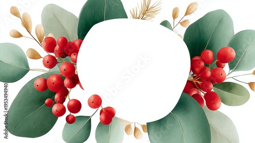 Modern watercolor Christmas frame featuring vibrant red berries and green eucalyptus leaves. This minimalist botanical border includes a blank white center for custom holiday text or logo placement.
