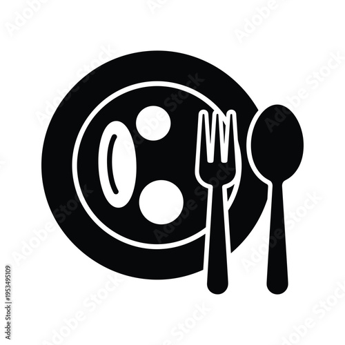 Minimalist black icon of a plate with food and cutlery on a white background.