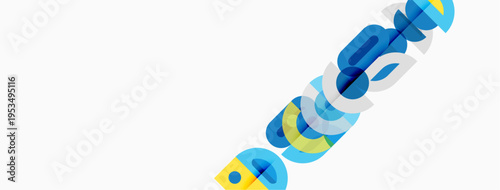 Abstract colorful shapes overlap, creating dynamic visual composition. Bright hues contrast against white background. Modern design element.