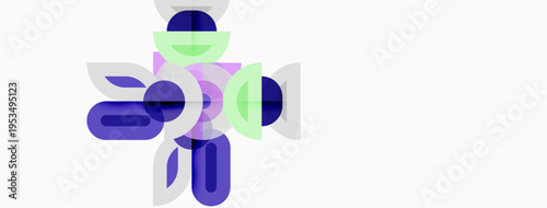 Abstract shapes overlap, creating dynamic composition. Purple, green hues dominate white background. Modern design elements present.