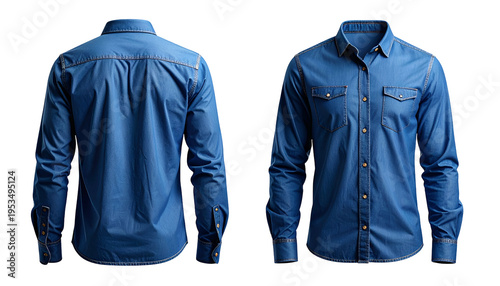 Front and back views of a classic button-down denim shirt, isolated on a black background