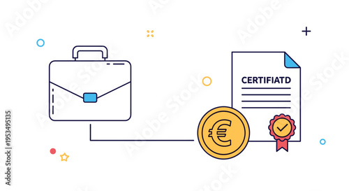 Professional business certification featuring a briefcase, a document with a seal, and a gold euro currency coin.