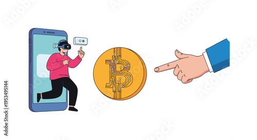 Virtual reality cryptocurrency interaction showing a person in a VR headset emerging from a phone next to a bitcoin coin.