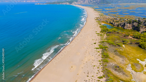 Wallpaper Mural Dalyan, Turkey. Panoramic drone video of Iztuzu Beach coastline, Dalyan River mouth and mountains, perfect for travel and summer holidays in Turkey.. Aerial View Torontodigital.ca