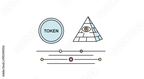Cryptocurrency token and secret society pyramid symbol representing blockchain technology and mysterious financial systems.