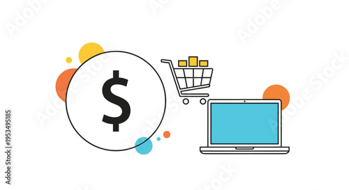 Online shopping and digital finance concept featuring e-commerce cart laptop and dollar currency symbol illustration.